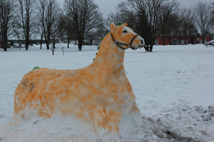 Lumest hobusefiguur Järvamaa Kutsehariduskeskuse Särevere õppekoha lumelinnakus.